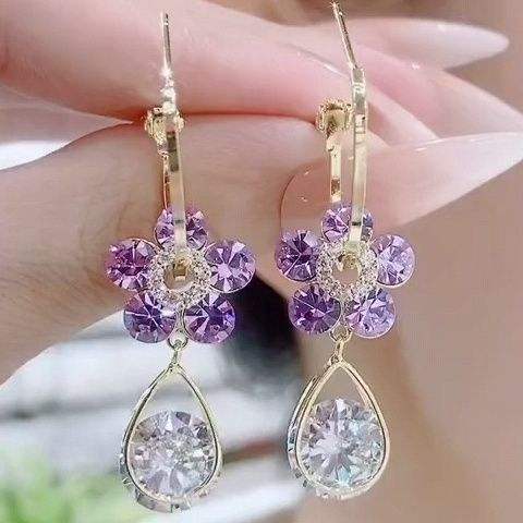 Elegant Crystal Flower Drop Earrings – Purple & White Shine