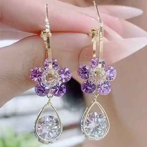 Elegant Crystal Flower Drop Earrings – Purple & White Shine