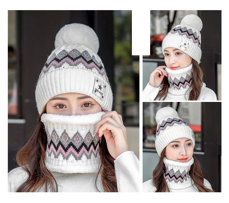 طقم قبعة وغطاء رقبة صوفي بنقوش جميلة للشتاء