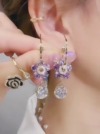 Elegant Crystal Flower Drop Earrings – Purple & White Shine