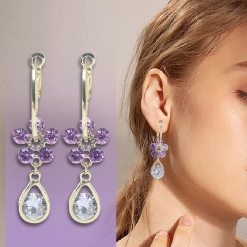 Elegant Crystal Flower Drop Earrings – Purple & White Shine